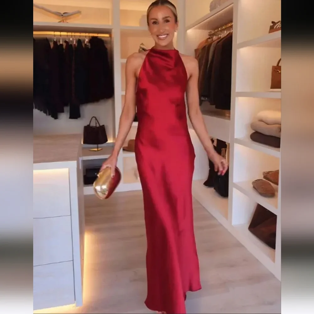 Zara Long Satin Effect Halter Dress Red - Picture 2 of 6